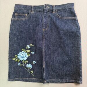 Ann Taylor Jeans Denim Skirt Embroidered Y2K Floral‎ Dark Wash Size 4